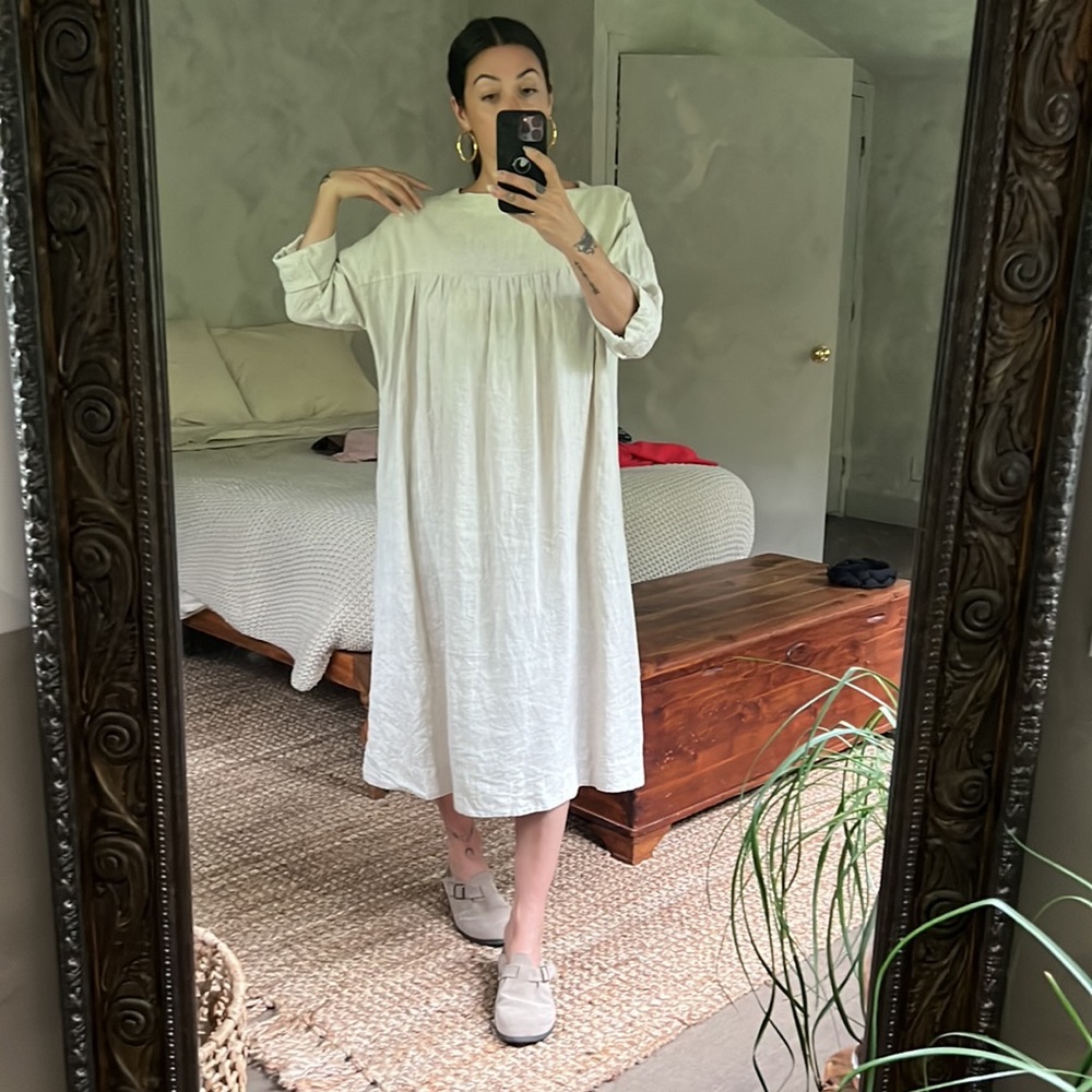 Minimalist Flowy Beige Linen Midi Dress S/M